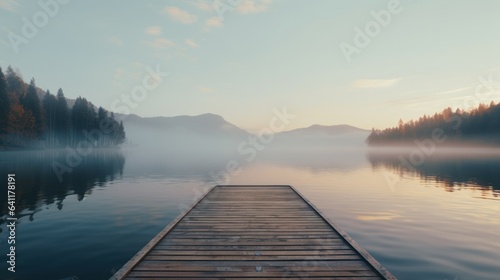 Woodenpier or jetty on lake at a foggy sunrise. Relax, vacations, or work life balance theme photo