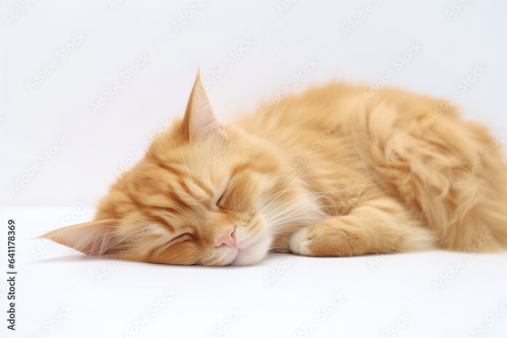 Cat sleeping on white background