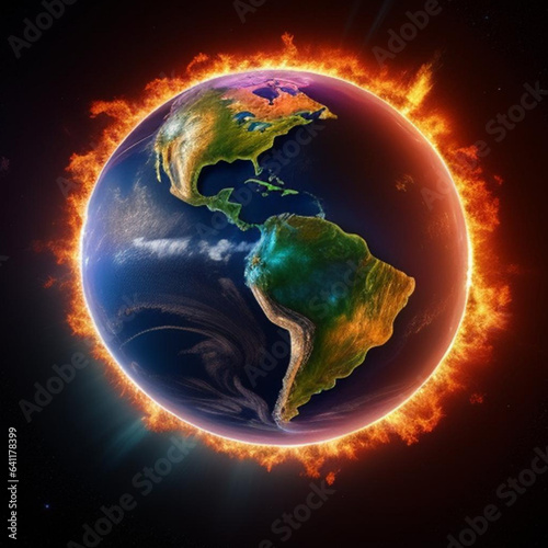 Representation of planet earth on fire due to global warming and climate change.  Generative AI