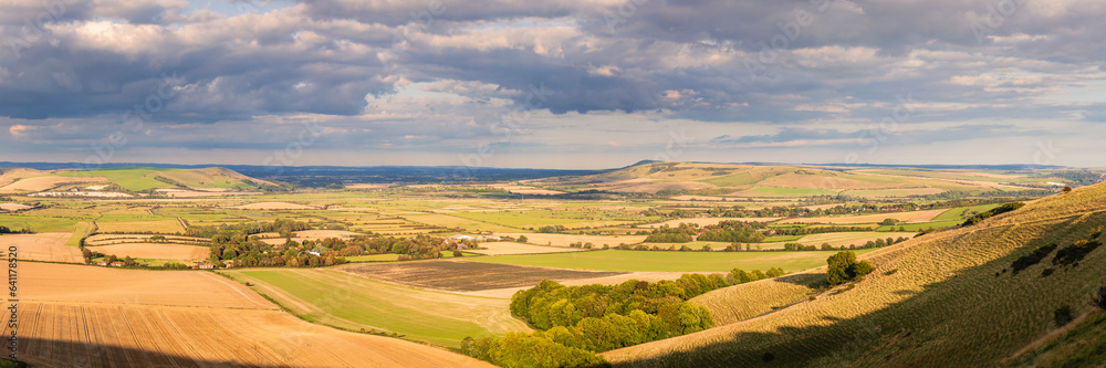 The wonderful views over the east Sussex countryside and the south downs from Kingston Ridge in south east England UK