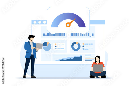 Online dashboard concept with speed indicator, internet performance test. Landing page template with person with computer display with speedometer. Flat vector illustration for website.