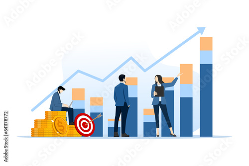 flat statistics and data analysis concept. business financial investment. business data analysis research. investment planning. business team working on monitor graph dashboard. design illustration.