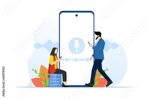 online assistant concept. people characters use speaker recognition, voice control, virtual assistant, identification, hotline operator. Flat design vector illustration concept on white background.