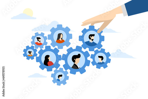 skills or efficiency concept, Solutions, building organization, human resources management or career development, job position to help success, businessman hand placing new employee to fix teeth.