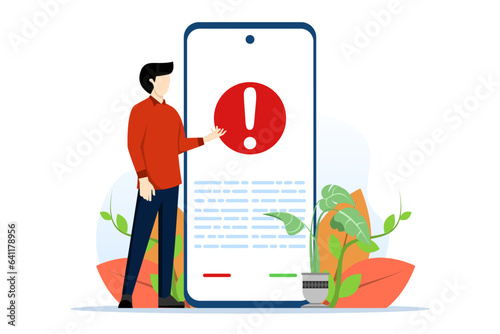 Concept of warning letter, danger notification, report letter. a user has a complaint that appears on his smartphone. prohibited, reported. flat cartoon illustration on white background. photo