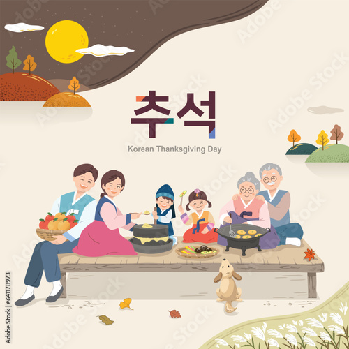 Korean Thanksgiving scene, large family wearing hanbok cooking traditional holiday food. Thanksgiving, Korean translation.
