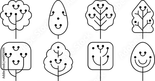 Série d'icônes style ligne fine, collection d'arbres de différentes formes avec un visage souriant, ressource graphique sur le thème de la nature et de l'environnement, vecteur modifiable