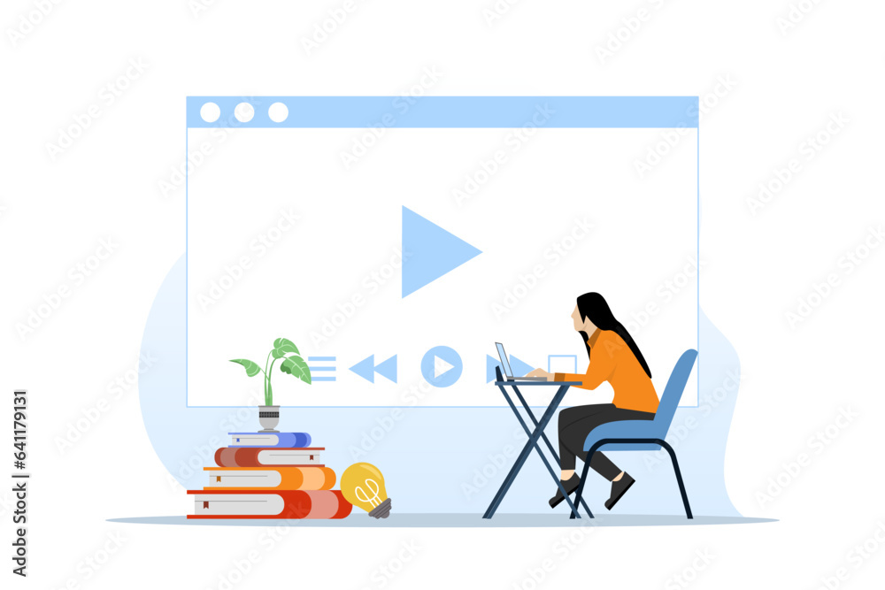 Successful learning concept, online lessons, modern education. Female student is studying online course by phone. Online courses and webinars. Vector illustration in flat design.