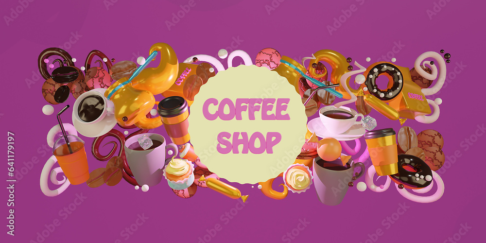 Fototapeta premium Coffee Shop. Lots of background objects. 3d coffee cup. Coffee to go.