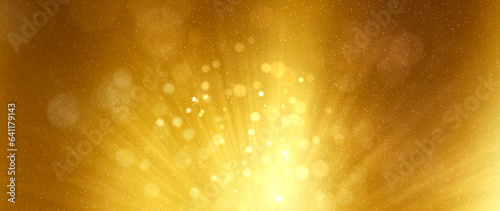 Golden particles shining stars dust bokeh glitter with flare awards abstract background. Futuristic glittering in space on gold color background.