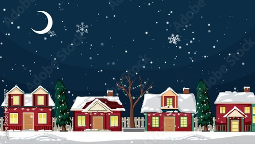 Wallpaper Mural Village at winter time at night with festive Christmas decorations and snowfall. Torontodigital.ca