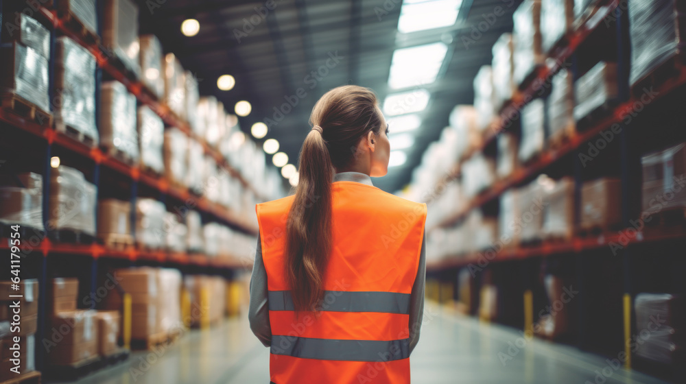 Beautiful woman in orange safe jacket working at a warehouse. Company stock.