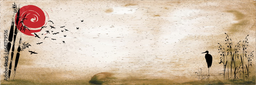 Japanese landscape background Misty mountains.Traditional oriental ink painting sumi-e, u-sin, go-hua.