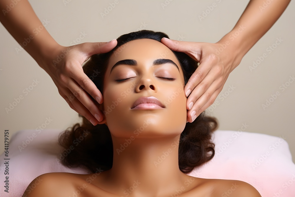 Fototapeta premium Beautiful young woman getting head or face massage in spa or wellness salon. Beauty or ayurvedic treatment concept. Cosmetics anti aging skin therapy. Reducing migraines and headaches.