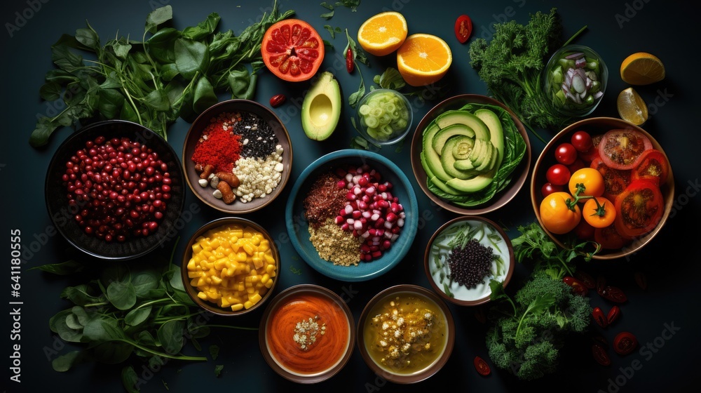 Lots of whole and chopped fruits and vegetables. Vegetarian diet. A composition of colorful and nutritious dishes highlighting their health benefits