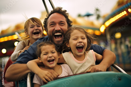 A family bonds at an amusement park, their shared laughter and radiant smiles conveying joy amidst roller coasters and colorful attractions