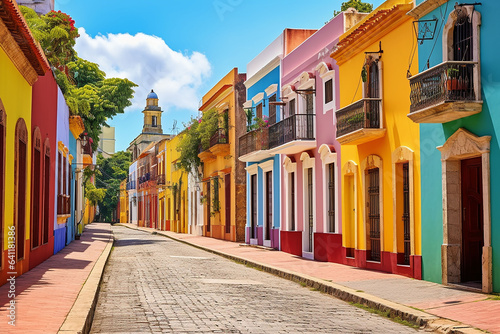 Colorful street of an old small Hispanic town on a sunny day. Poster. 