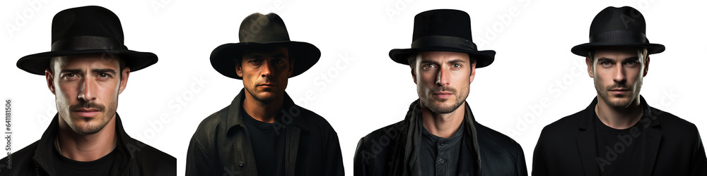 Man wearing black hat standing alone on transparent background Man wearing black hat standing alone on transparent background