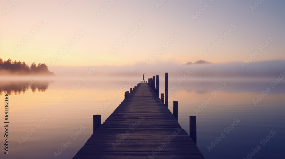 Joga at a wooden jetty or pier. Beautiful sunrise and fog in the far background. Quiet, relaxing atmosphere. - obrazy, fototapety, plakaty 