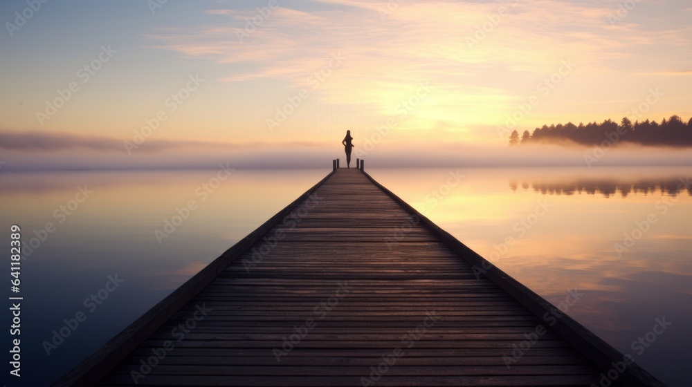 Joga at a wooden jetty or pier. Beautiful sunrise and fog in the far background. Quiet, relaxing atmosphere. - obrazy, fototapety, plakaty 