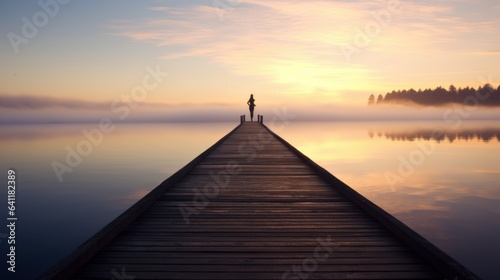 Joga at a wooden jetty or pier. Beautiful sunrise and fog in the far background. Quiet, relaxing atmosphere.