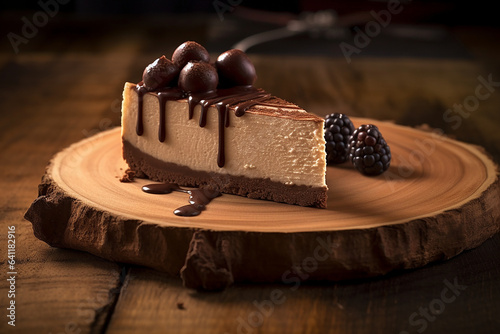Slice of triple chocolate cheesecake served on a wooden plate photo