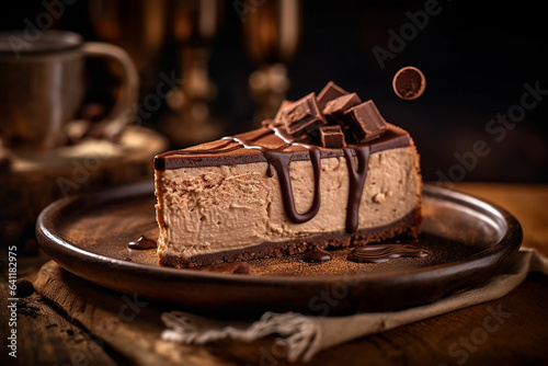 Slice of triple chocolate cheesecake served on a wooden plate photo