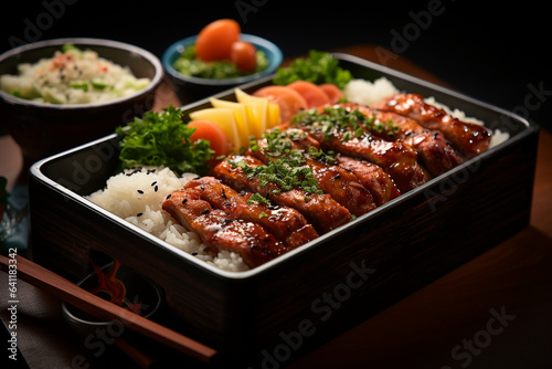 a box of Japanese bento with rice and slice of grilled beef meat and some vegetables 