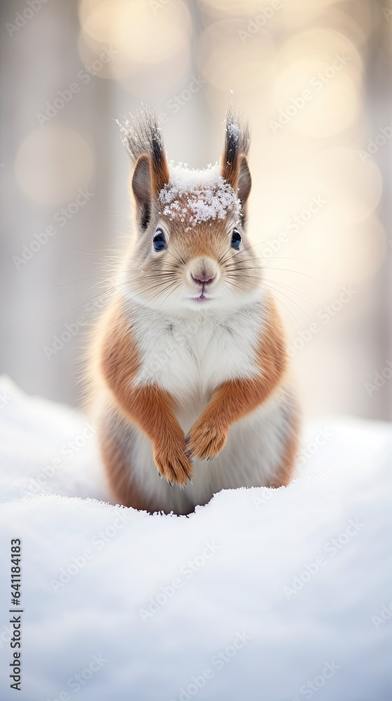 squirrel in the snow, bokeh squirrel in the snow, bokeh
