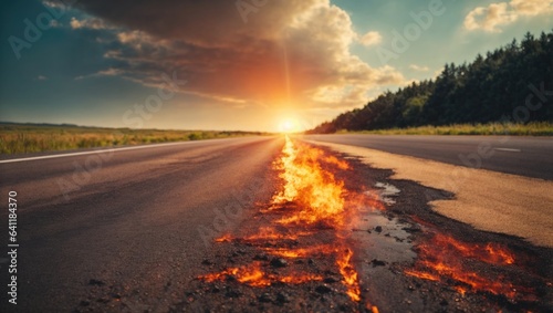 Принти на полотні Burning asphalt, oil, gas, or fuel on a road