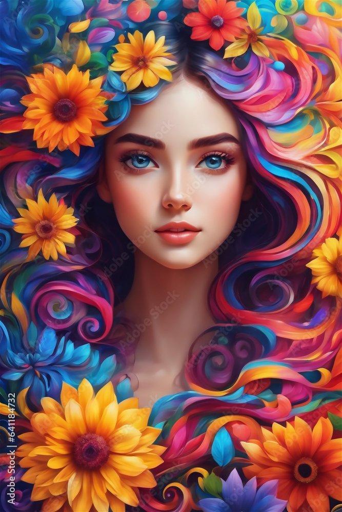Portrait of beautiful young woman with bright make-up and colorful flowers Portrait of beautiful young woman with bright make-up and colorful flowers