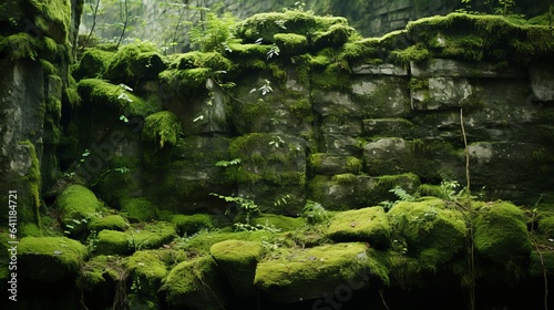 Lush moss and tiny plants thriving on ancient stone   generative ai