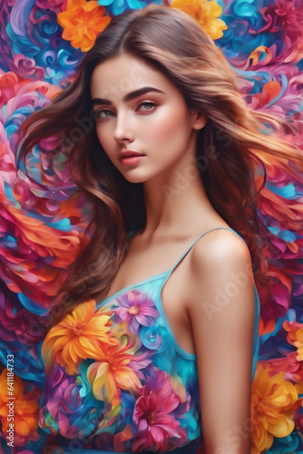 Portrait of beautiful young woman with bright make-up and colorful flowers