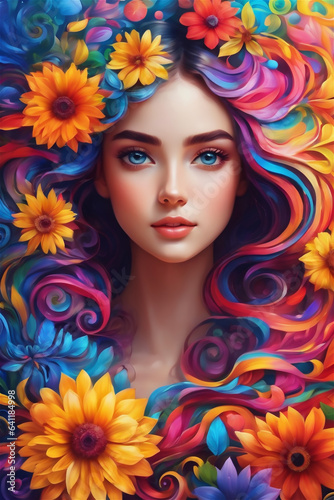Portrait of beautiful young woman with bright make-up and colorful flowers © Frozen Design