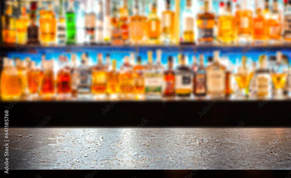 Old iron table with blurry liqueur ฺbar Background