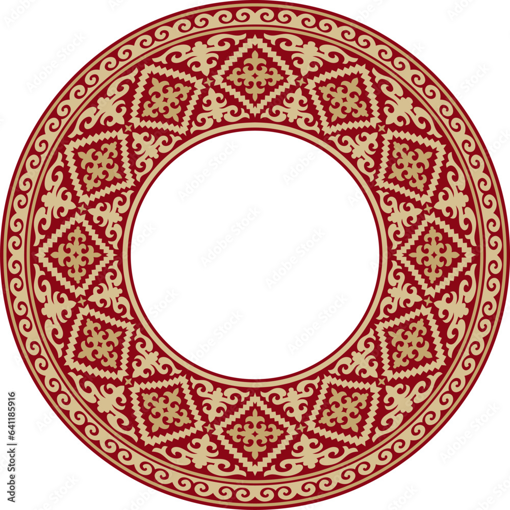 Vector red and gold round Kazakh national ornament. Ethnic pattern of the peoples of the Great Steppe, Mongols, Kyrgyz, Kalmyks, Buryats. circle, frame border.. Vector red and gold round Kazakh national ornament. Ethnic pattern of the peoples of the Great Steppe, Mongols, Kyrgyz, Kalmyks, Buryats. circle, frame border..