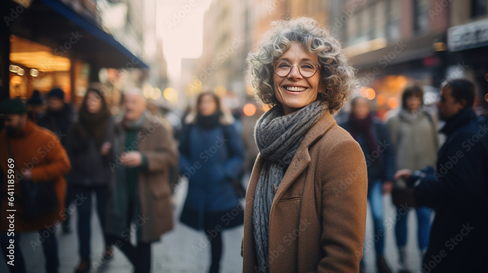 Portrait of stylish old lady in coat looking at camera and smiling. Street on blurred background. Design ai