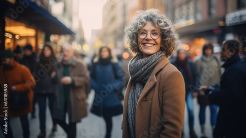 Portrait of stylish old lady in coat looking at camera and smiling. Street on blurred background. Design ai