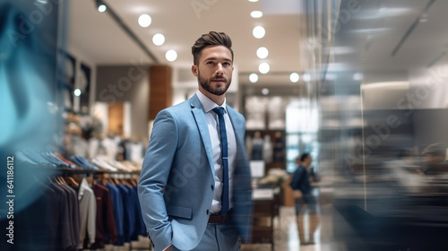 A man in a classic suit stands in the fitting room of a men's clothing luxury boutique store. Design ai