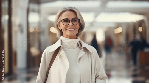Happy mature woman in an elegant clothes coat on sale in the mall. ai design