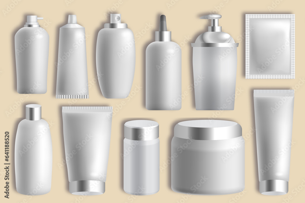 Cosmetics mockup set. Collection with empty tubes and battles in white color. Mock up set for your branding design Cosmetics mockup set. Collection with empty tubes and battles in white color. Mock up set for your branding design