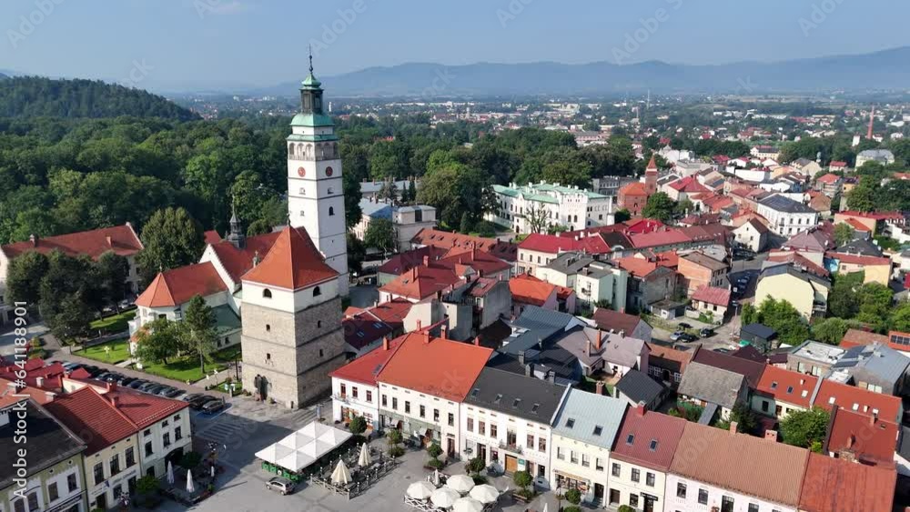 Aerial view of Zywiec. The old town of Zywiec, traditional architecture and the surrounding mountains of the Silesian Beskids and the Zywiec Beskids. Poland. Aerial view of Zywiec. The old town of Zywiec, traditional architecture and the surrounding mountains of the Silesian Beskids and the Zywiec Beskids. Poland.