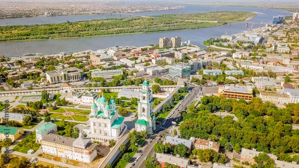 Russia, Astrakhan - September 12, 2017: Aerial view of the Astrakhan Kremlin, historical and architectural complex