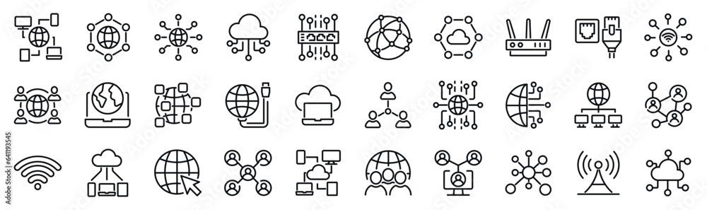 Set of 30 outline icons related to network, internet. Linear icon collection. Editable stroke. Vector illustration