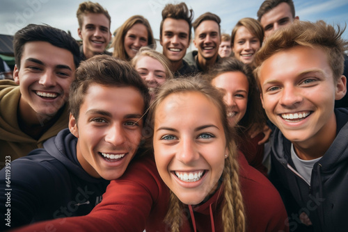 Multicultural group of young people smiling together at camera - Happy friends taking selfie pic with smartphone outdoors - Life style concept with guys and girls. Model by AI generative © StockWorld