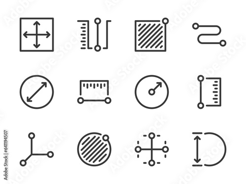 Measurement and Dimension vector line icons. Size and Scale Measure outline icon set. Length, Width, Segment, Depth, Radius, Diameter, Angle, Circumference, Area and more.