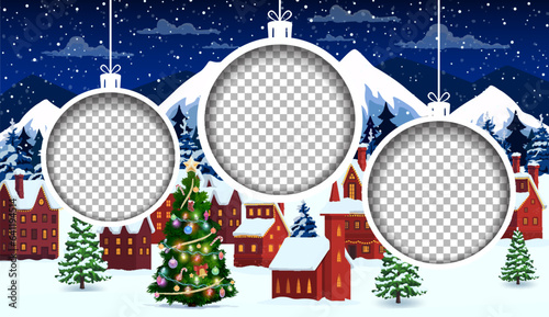 Christmas paper cut with holiday baubles and winter town. Vector cartoon cityscape scene with houses, snowfall, pines and 3d round frames in shape of toys in night city with cottages at festive eve
