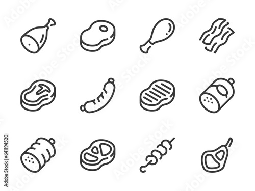 Meat and Steak vector line icons. Beef sausage and Barbecue outline icon set. T-bone, Bologna, Ham, Bacon, Kebab amd more.