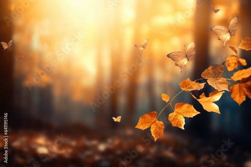 Autumn maple leaves on sunny blurred trees. Fall forest background. Copy space