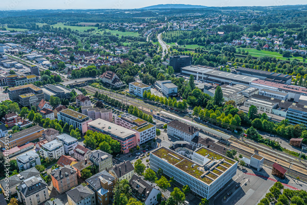 Die ehemalige Reichsstadt Ravensburg von oben, Blick auf die Region um den Bahnhof